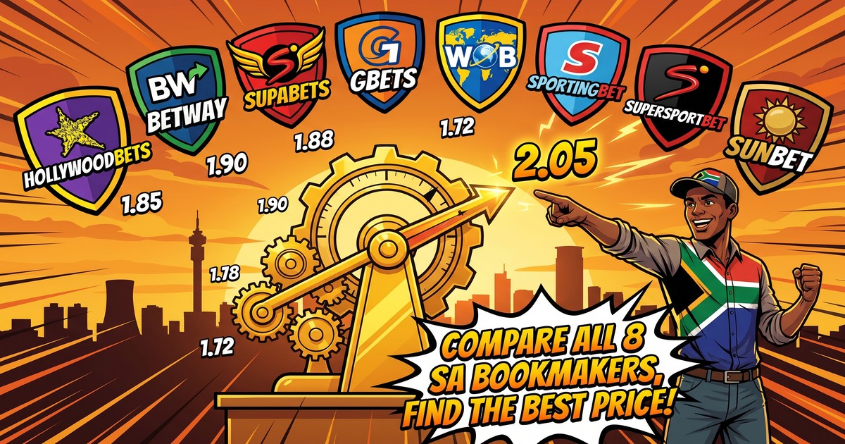 Comic-illustrated comparison of 8 SA betting sites with odds prices and bookmaker shields