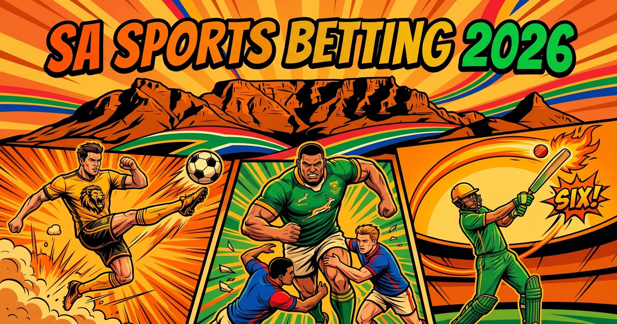 Comic-illustrated South African multi-sport betting scene with PSL soccer, Boks rugby, and Proteas cricket