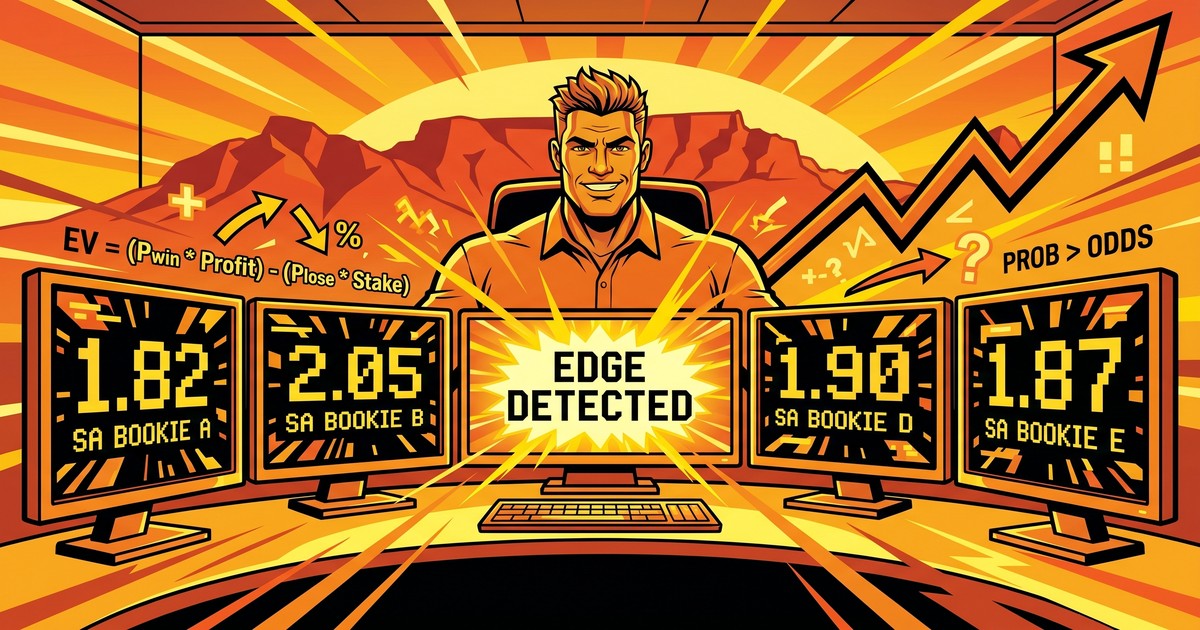 Comic-illustrated SA bettor finding value betting Edge across 8 SA bookmaker screens